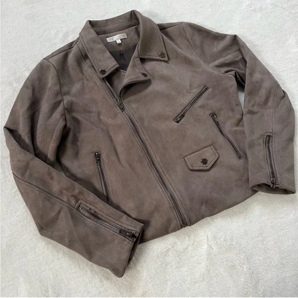 Solitaire Gray Faux Suede Moto Zipper Jacket Size M - Picture 2 of 12